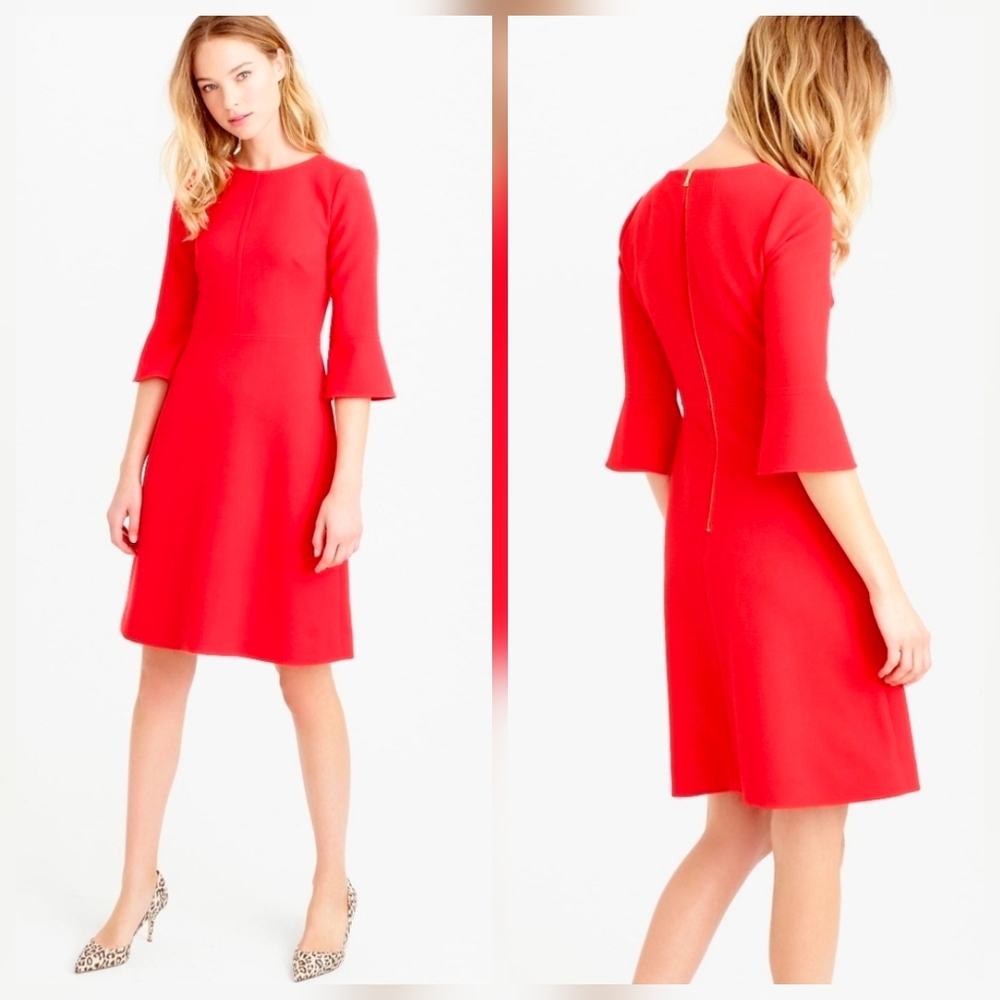 J.Crew Dress Womens 6 Coral Crepe Bell Sleeve Shift Midi Career Preppy Cocktail